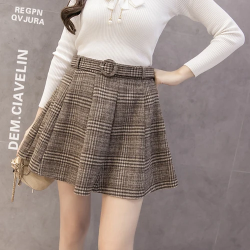 

Winter Skirt For Women 2019 England Style Vintage Plaid High Waist Belt Skater Skirt Black Khaki S-2XL saia feminina B140