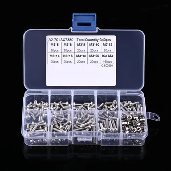 

340PCS/Lot M3 Button Head Hex Socket Screw Bolt Nut Stainless Steel SS304 M3 Screws Nuts Assortment Kit Fastener Hardware