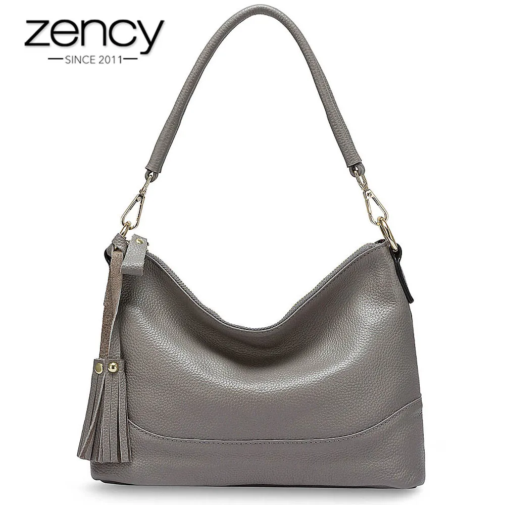 Bolsa de Couro Genuíno para Mulheres Bolsas do Mensageiro Zency Moda Hobos Bolsa Ombro Preto Cinza Senhora Crossbody Alta Qualidade 100%