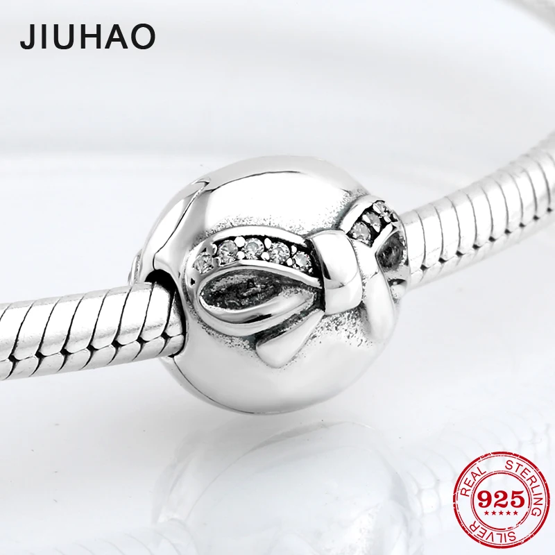 

New 925 Sterling Silver fashion round shape bow clips Lock CZ beads Fit Original Pandora Charm Bracelet Jewelry making