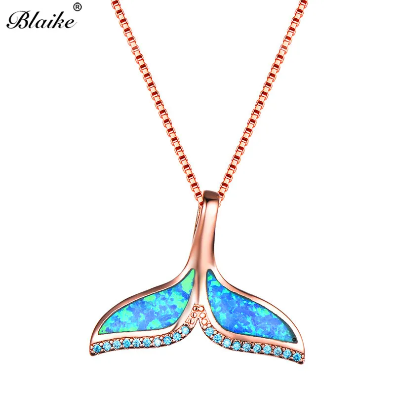 

Blaike Big Blue/White Fire Opal Mermaid Tail Pendant Necklace Female Christmas Gift Fashion Rose Gold Filled Jewelry Birthstone