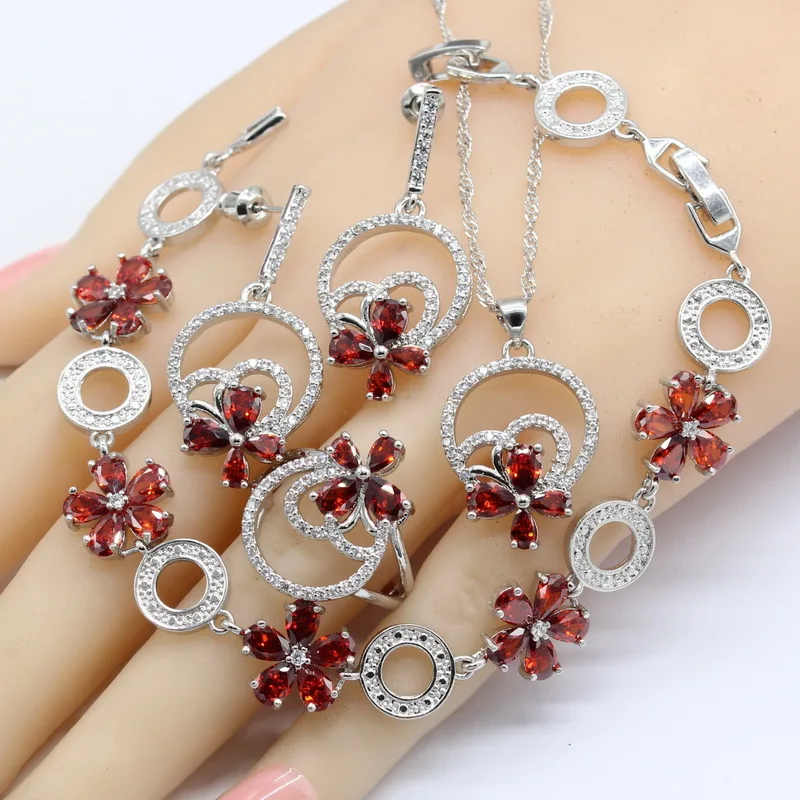 Красный кубический цирконий 925 Серебряные штампованные Ювелирные наборы для женщин Свадебные серьги браслет кольца ожерелье кулон