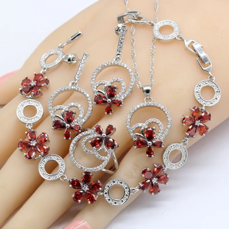 Red 925 Silver Stamped Jewelry Sets For Women Wedding Earrings