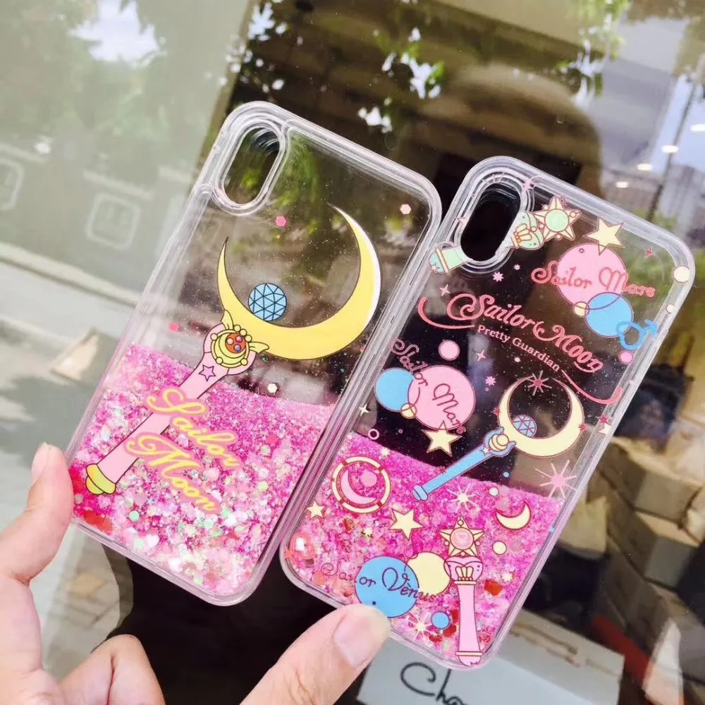 

10PCS/LOT Japan Cartoon Sailor Moon Wand Quicksand Dynamic Cover Mobile Phone Case For iPhoneX 8/6s 7plus Liquid Shell Protect