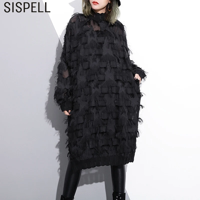 Sispell платья с кисточками для Для женщин Стенд ошейник длинным рукавом платье миди