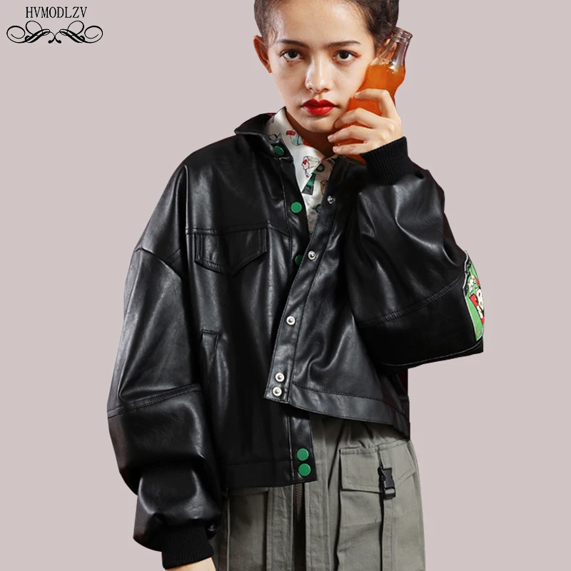 

Spring And Autumn Print Black PU Leather Vintage Jacket Women 2019 New Streetwear Long Sleeve Fashion Short Coat Plus Size HJ196