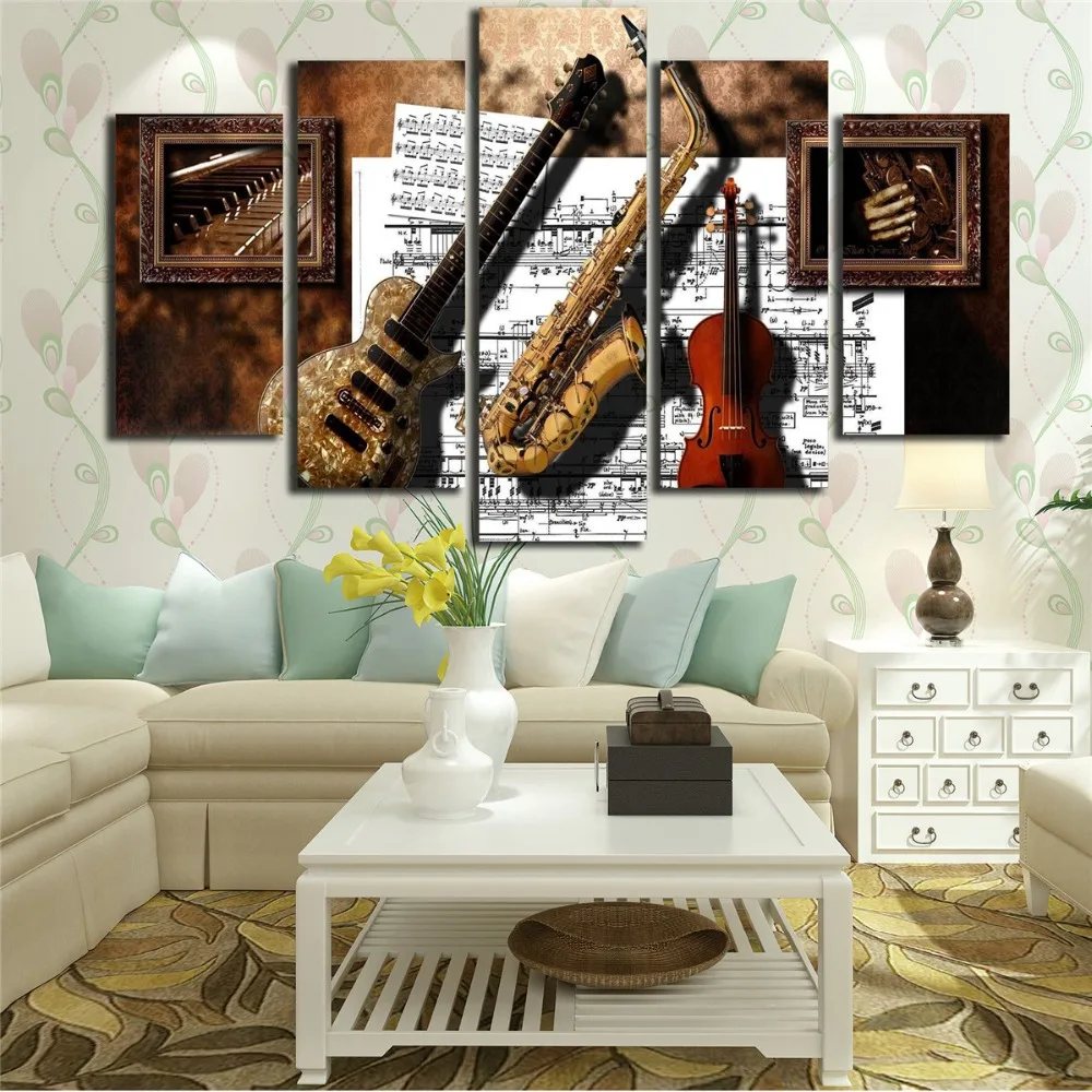 Cartaz-do-vintage-Sala-de-estar-Pintura-Da-Lona-5-Painel-Wall-Art-Pictures-Trompete-M (2)