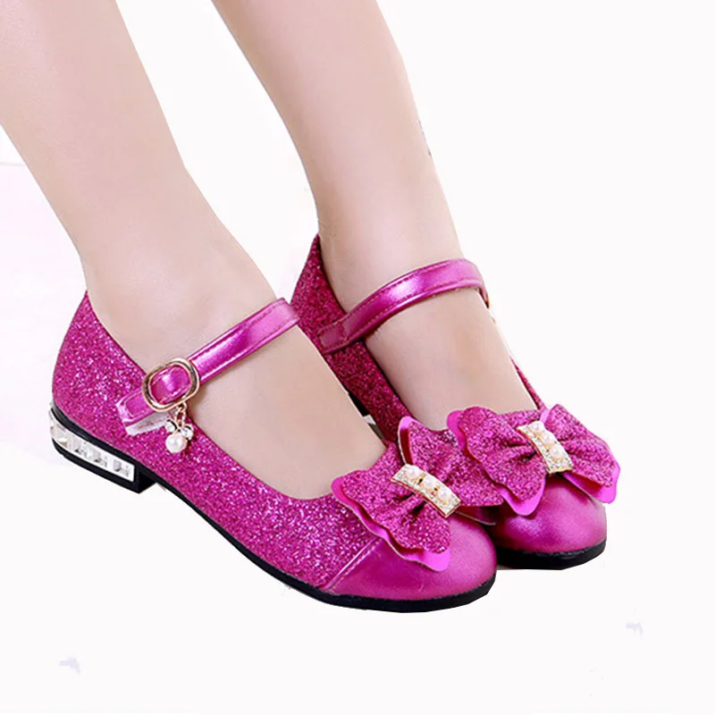 Flowers Children Little Girl Sequins Princess Dress Leather Shoes For