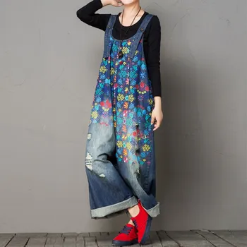 

Oversize Wide Leg Denim Rompers Women Vintage Printed Flower Jean Jumpsuits Large Size Straps Denim Overalls