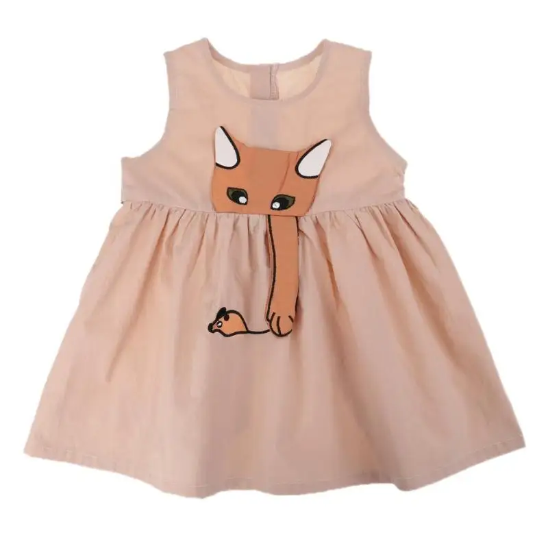 Summer Girl Dress Cute Sleeveless Cartoon Cat Print Pink Casual...