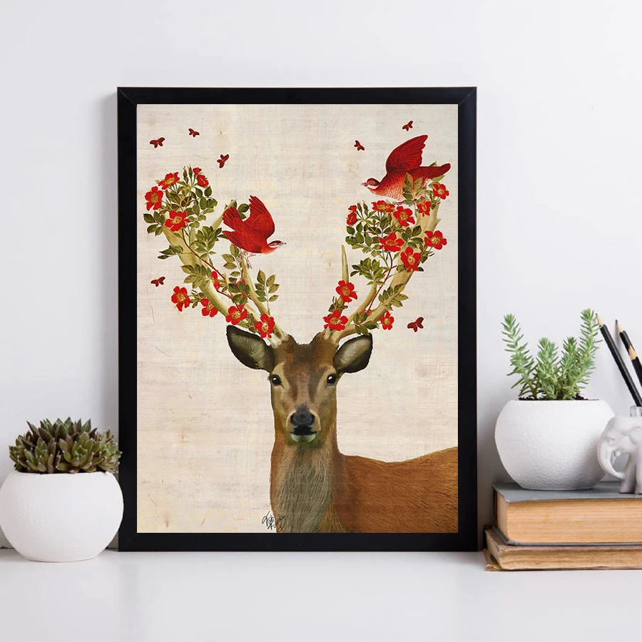 

Deer Painting Canvas Printings Animals Birds Flower Posters Prints Nordic Wall Art Pictures for Living Room Home Decor Unframed
