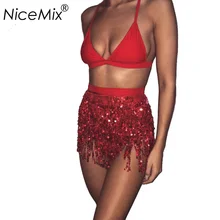 NiceMix пикантные летние блестками юбки с бисерным украшением женские Harajuku Высокая Талия юбки с бахромой женское на вечеринку в клуб Мини повязная юбка