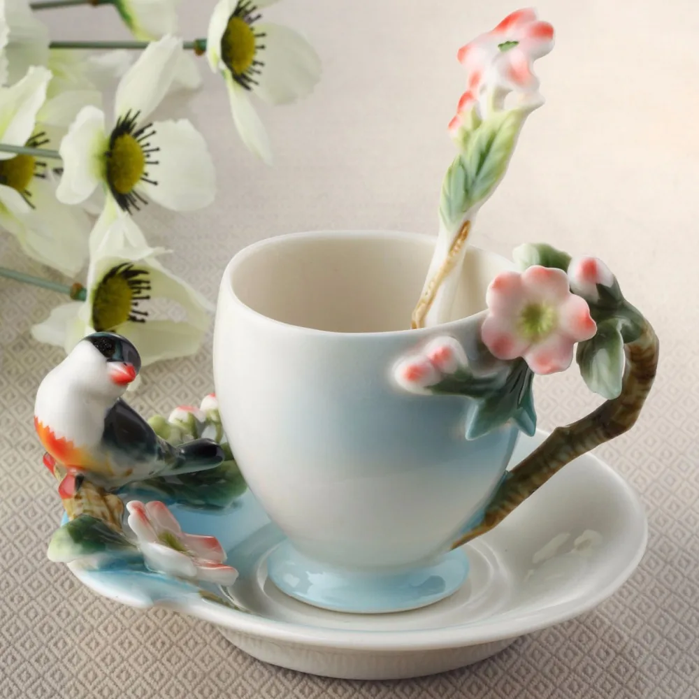 Buy Enamel Porcelain Bird and Flower Sculpture Tea Cup