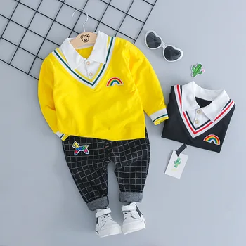 

Baby autumn and spring new baby lapel V-shaped long-sleeved cotton suit cartoon cute baby boy casual two-piece