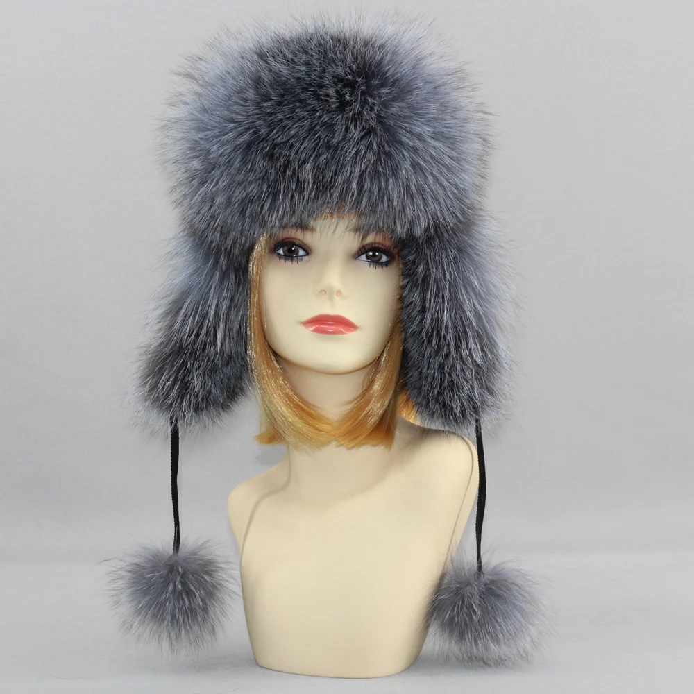 Hot Sell Genuine Fox Fur Hats Genuine Raccoon Fox Fur Russian Ushanka Cap Winter Quality Thick Warm Fox Fur Bomber Hat