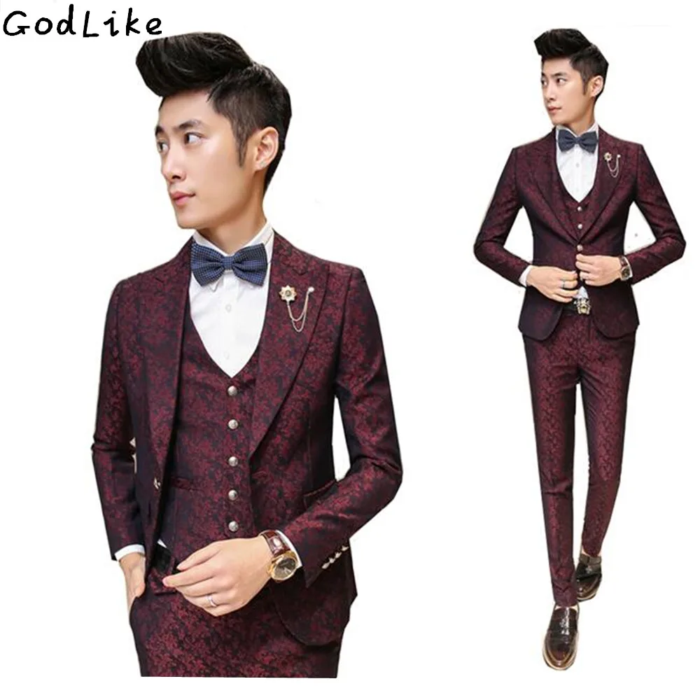 

(Jackets+Pants+vest) 2019 Mens Casual Slim Fit Printed flowers single Breasted Suit Male Fashion wedding And Party Blazer Dress