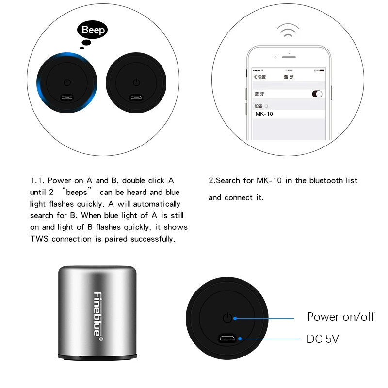 Fineblue MK10 Bluetooth Динамик 4,2 стерео 3D стерео сабвуфер наушники-вкладыши TWS с Мини Металл Беспроводной Hands-free небольшой Динамик доступа