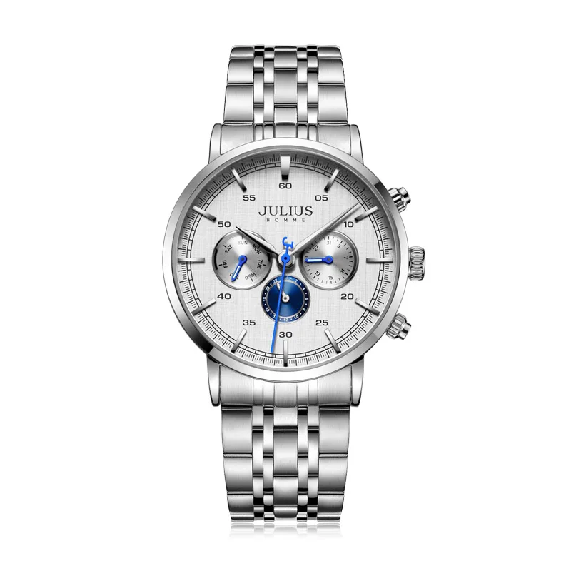 Julius часы мужские Новое поступление 6 рук Многофункциональные деловые часы синий циферблат часы из нержавеющей стали роскошный подарок часы JAH-100 - Цвет: Silver blue dials