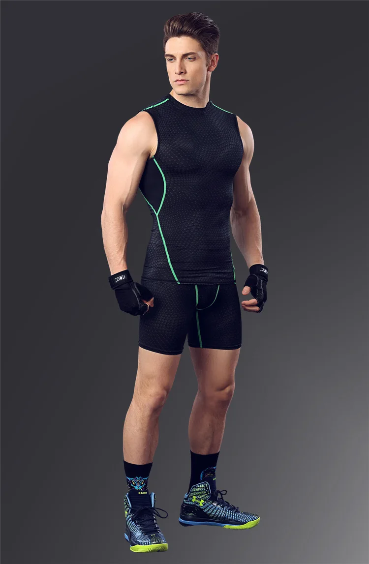 Спортивные комплекты одежды без рукавов для мужчин, спортивные костюмы для тренировок, спортивные костюмы для фитнеса на открытом воздухе, впитывающие пот, быстросохнущие, 3 цвета - Цвет: black green