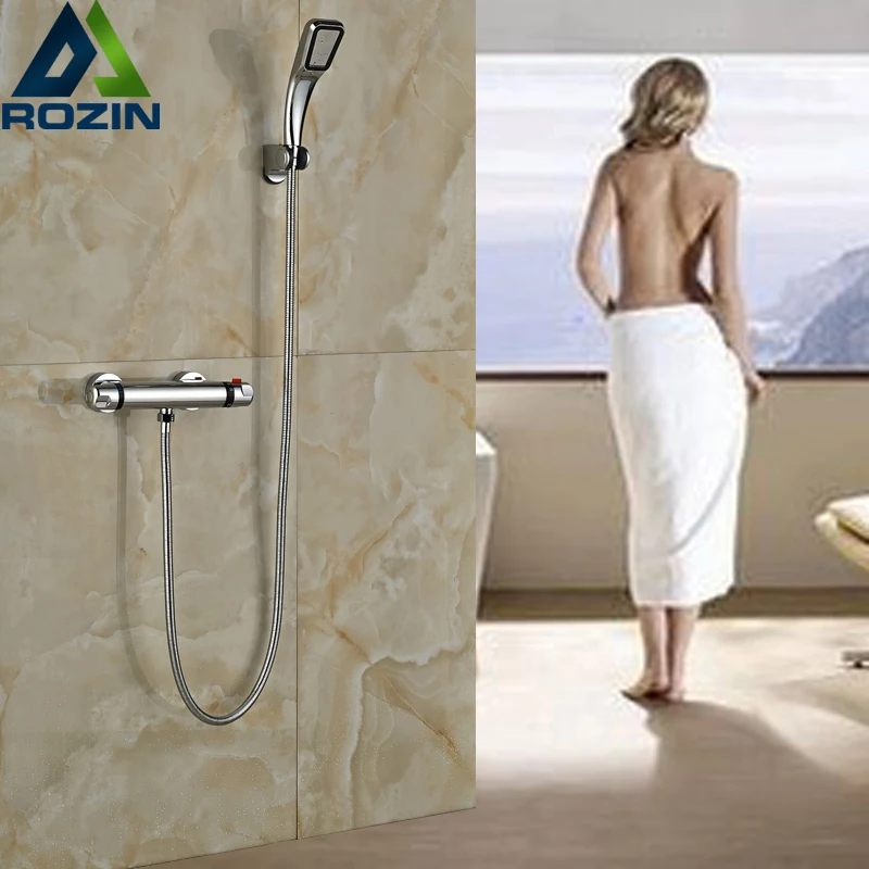 

Luxury Bathroom Shower Set Mixer Faucet In-wall Thermostatic Shower Water Tap Chrome Finish Handheld Shower