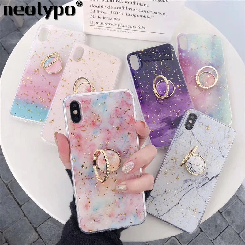 

Luxury Gold Foil Bling Marble Phone Case For iPhone X XS Max XR 7 8 6 6s Plus Soft TPU Cover Kickstand Ring Buckle Cover Holder