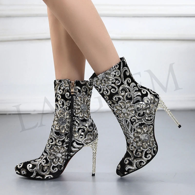 LAIGZEM LUX Women Ankle Boots Zip BLING Crystal Stiletto Heels Boots PARTY SHOW Shoes Women Botines MujerSmall Big Size 34-41 (2)