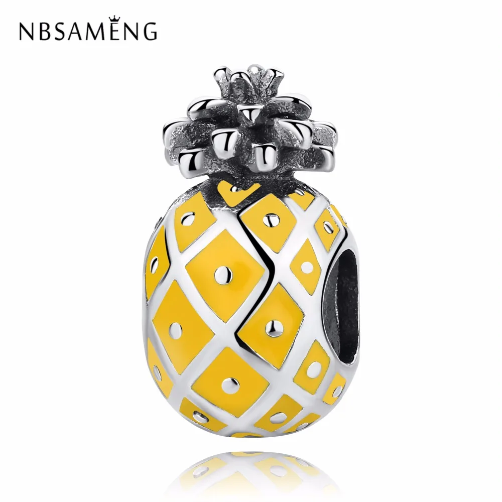 

New Authentic Original 925 Sterling Silver Charm Bead Yellow Pineapple Design Enamel Charms Fit Pandora Bracelets Women Jewelry