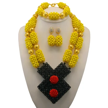 

Elegant Yellow Crystal African Beads Jewelry Set Nigerian Bead Necklaces Bracelet Earrings Celebration