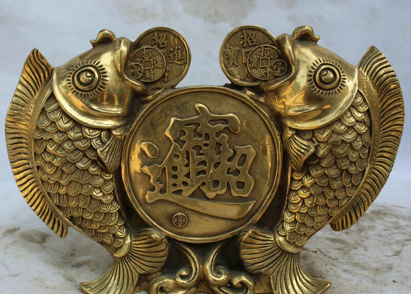 

JP S0524 11" Chinese Folk Fengshui Brass Double Gold Fish Carp Bring Wealth Money Statue B0403