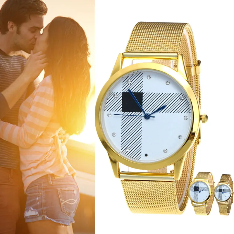 

Lovers Couple Watches Steel Strap Plaid Round Dial Wristwatch Boy Girl Casual Quartz Watch LL@17