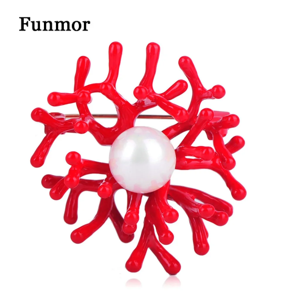 

FUNMOR Red Enamel Coral Flower Brooches For Women Shirt Dress Accessories Hijab Pins Badge Imitation Pearls Scarf Buckle Brooch