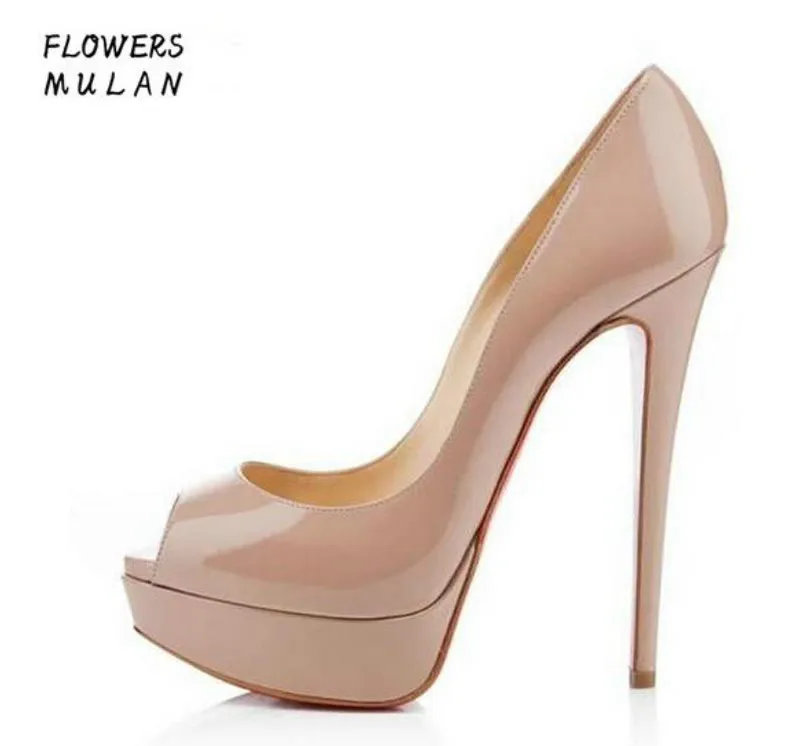 

2018 Wedding Party Dress Shoes Woman Peep Toe Platform High Heels Sandals Nude Black Patent Leather Stiletto Pumps Shoes Lady