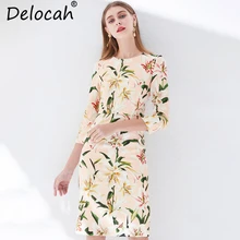 Delocah New 2019 Women Spring Summer Dress Runway Fashion Designer  Floral Printed Elegant Vintage Ladies Vacation Midi Dresses