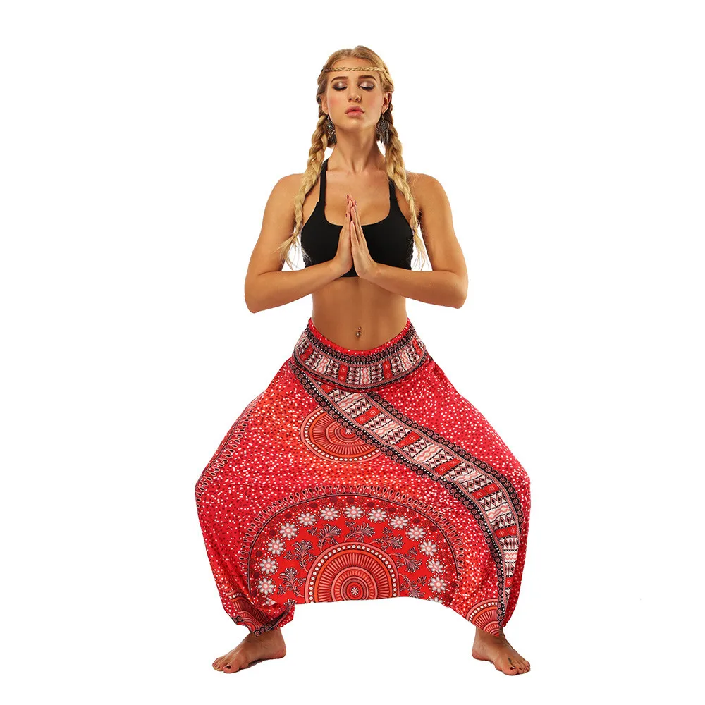 

Women Causal Summer Autumn Flower Print Baggy Boho Pants Elastic Pants Loose Trousers Aladdin Wide Fitness Leg Long Harem Pants