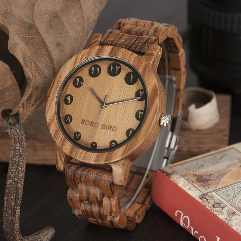 BOBO BIRD WN24N25 Wood Watch Zabra Ebony Wooden Watches for Men Eastern Arabic Numerals Dial Watch with Tool for Adjusting Size