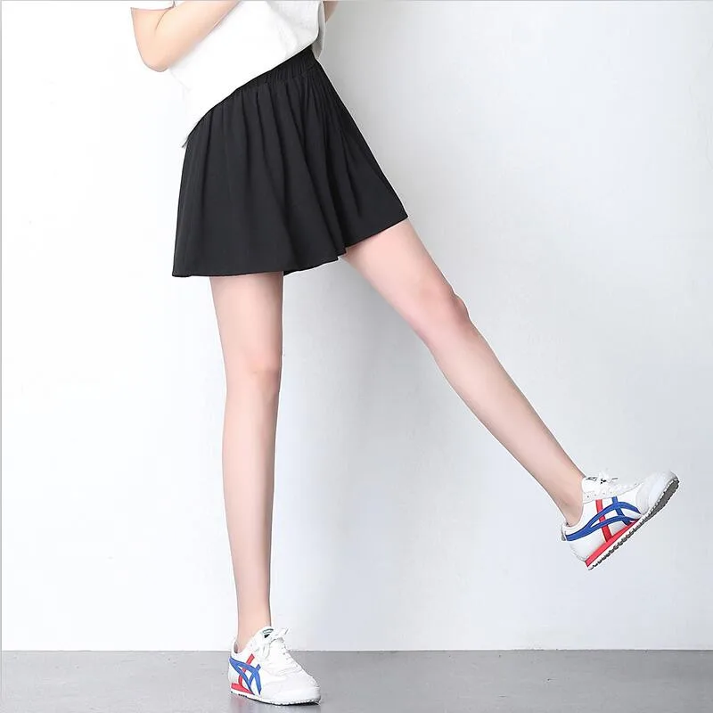 Черный шифон Для женщин универсальные шорты юбки корейский стиль эластичные Высокая талия широкие брюки Короткие штаны плюс Размеры Для