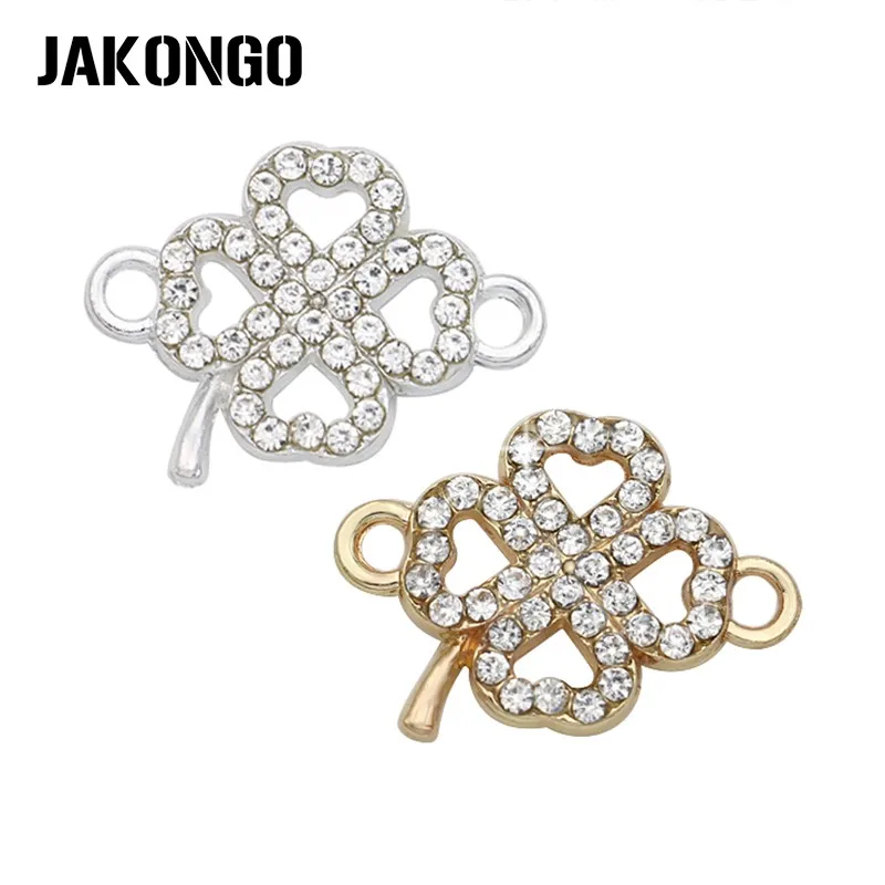 

JAKONGO Silver/Golden Color Crystal Clover Lucky Connectors for Making Bracelet Jewelry Findings Accessories 21x14mm 4pcs/lot
