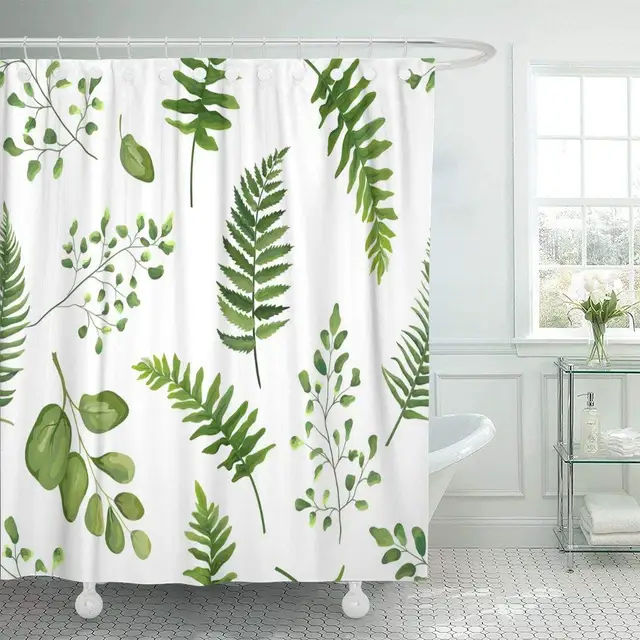 Shower Curtain with Hooks Greenery Green Leaves Botanical Rustic Floral