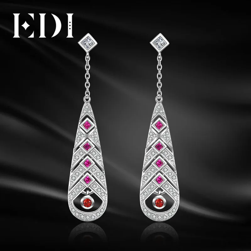

EDI Luxury Garnet 925 Sterling Silver Long Drop Earrings Feather Oorbellen Hangers Trendy Dangle Earring For Women Fine Jewelry