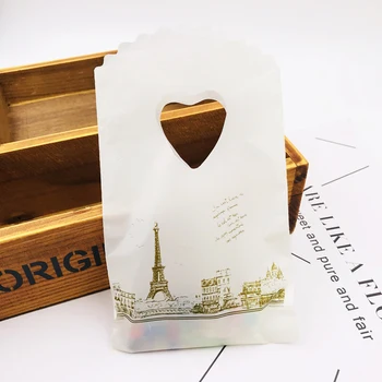 

100pcs Yellow Plastic Gift Packaging Shopping Bag With Handle lots Black Tow Print Candy Bags For Charm Jewelry Pouch