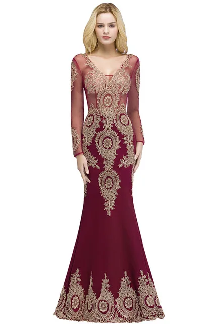 Великолепное платье для выпускного вечера в Дубае с золотой аппликацией, женское торжественное платье с длинным рукавом, платье для выпускного вечера, длинное вечернее платье - Цвет: Burgundy