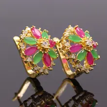 

New Arrival Eearring Ruby& Emerald White Zirconia 24k Gold Plated Flower Style Stud Earrings Wedding Jewelry
