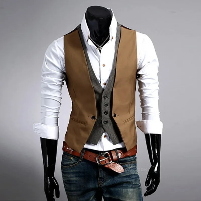 

2017 Men's Fashion Fake two pieces Self-cultivation Man Vest men Spelling Color Horse clip Single Breasted Regular Button