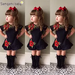 SAMGAMI BABY/Новые дизайнерские черные платья с короткими рукавами и вышивкой, модная Милая Одежда для девочек, летние платья для маленьких