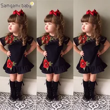 SAMGAMI BABY New Embroider Design Black Short Sleeve Dresses Fashion Cute Girls Clothes Summer Toddler Girl Dresses Size 80-120