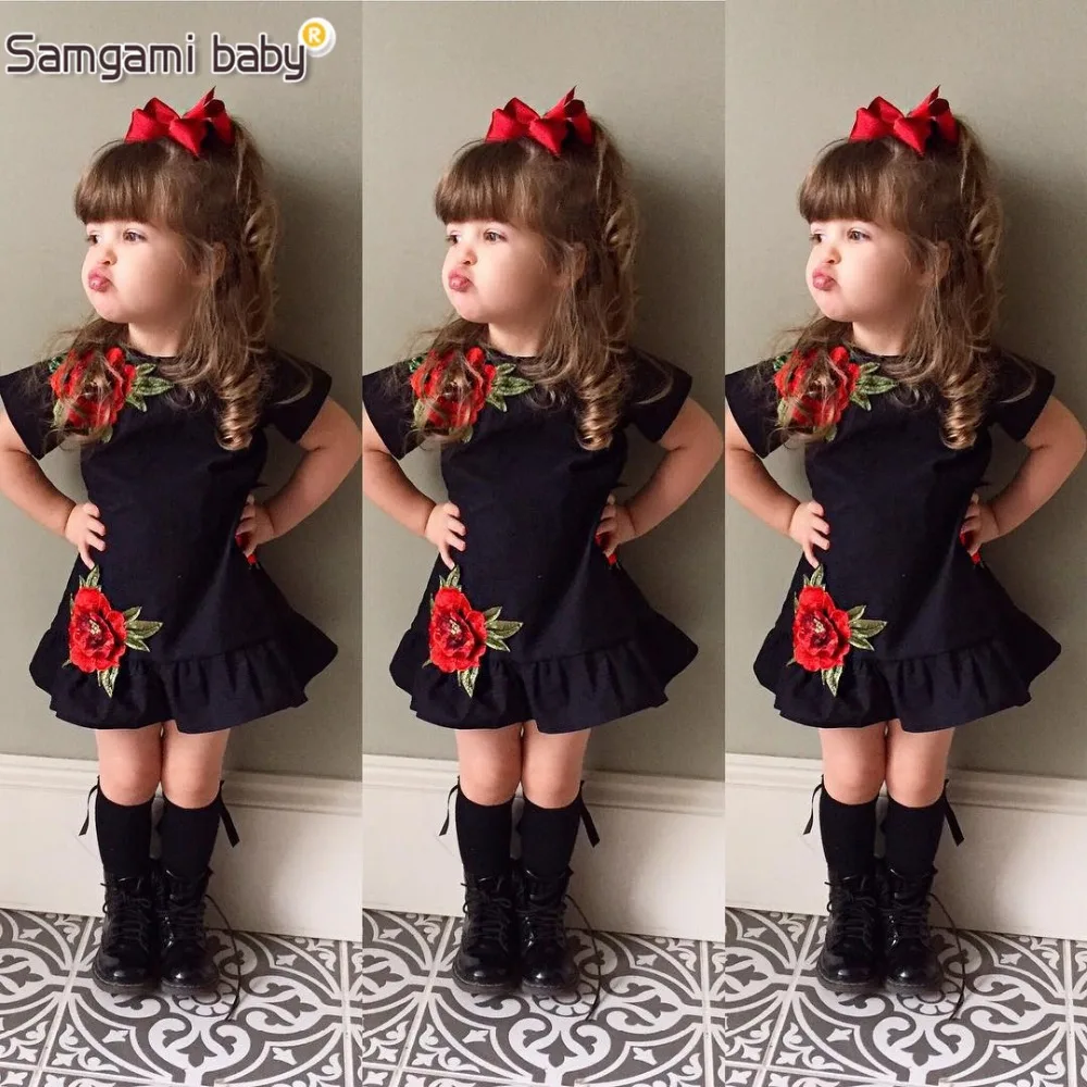 SAMGAMI-robes brodées pour bébés | Noir, manches courtes, à la mode, vêtements d'été mignons pour filles, taille 80-120, nouvelle collection
