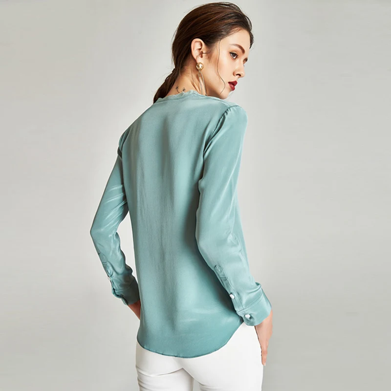  100% Silk Blouse Women Shirt Graceful Style Mint Color V Neck Long Sleeve Simple Design Office Top 