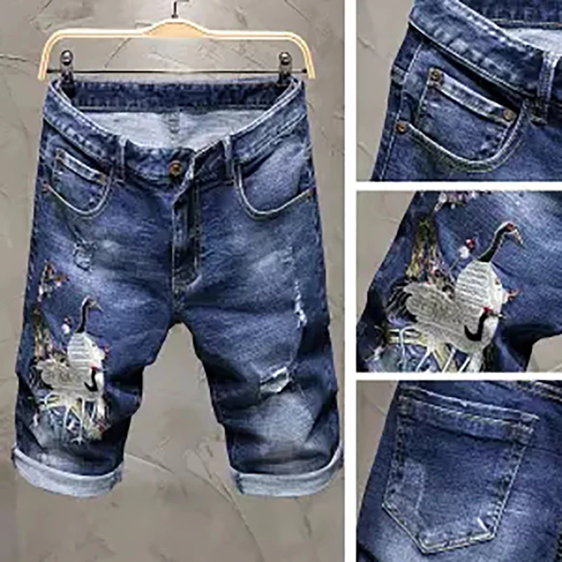 Летняя футболка с вышивкой джинсовые шорты мужские стрейчевый облегающий Короткие джинсы Для мужчин s; дизайнерская хлопковая Футболка Повседневное потертые шорты по колено шорты