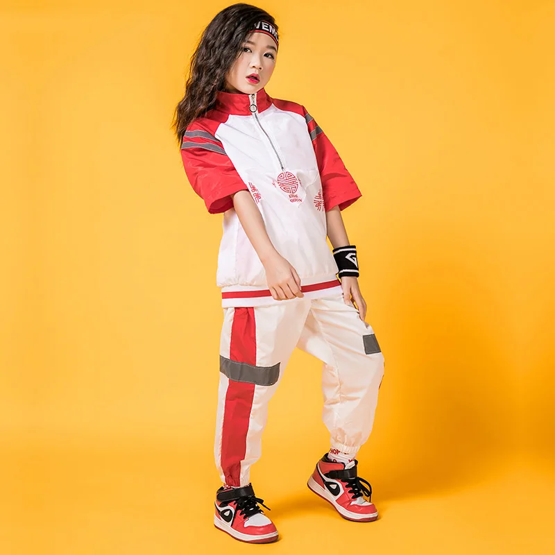 Футболки в стиле «хип-хоп», костюм для девочек, белый и красный костюм Одежда для пребывания на открытом воздухе летняя одежда детская