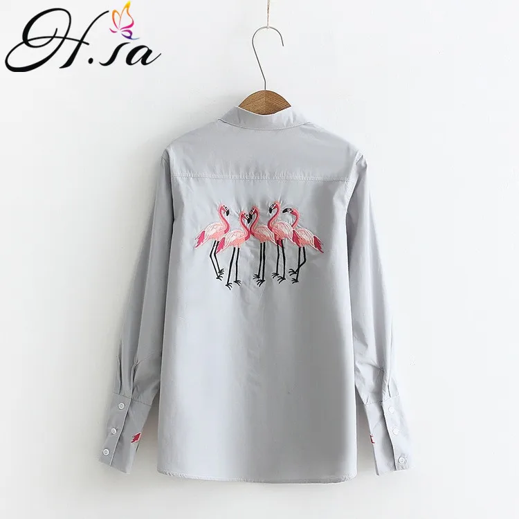 

H.SA Women Blusas Shirt 2018 Spring Flamingo Blouse Shirts Animal Tops Cotton Embroidery White Shirt Long Sleeve Casual Tops